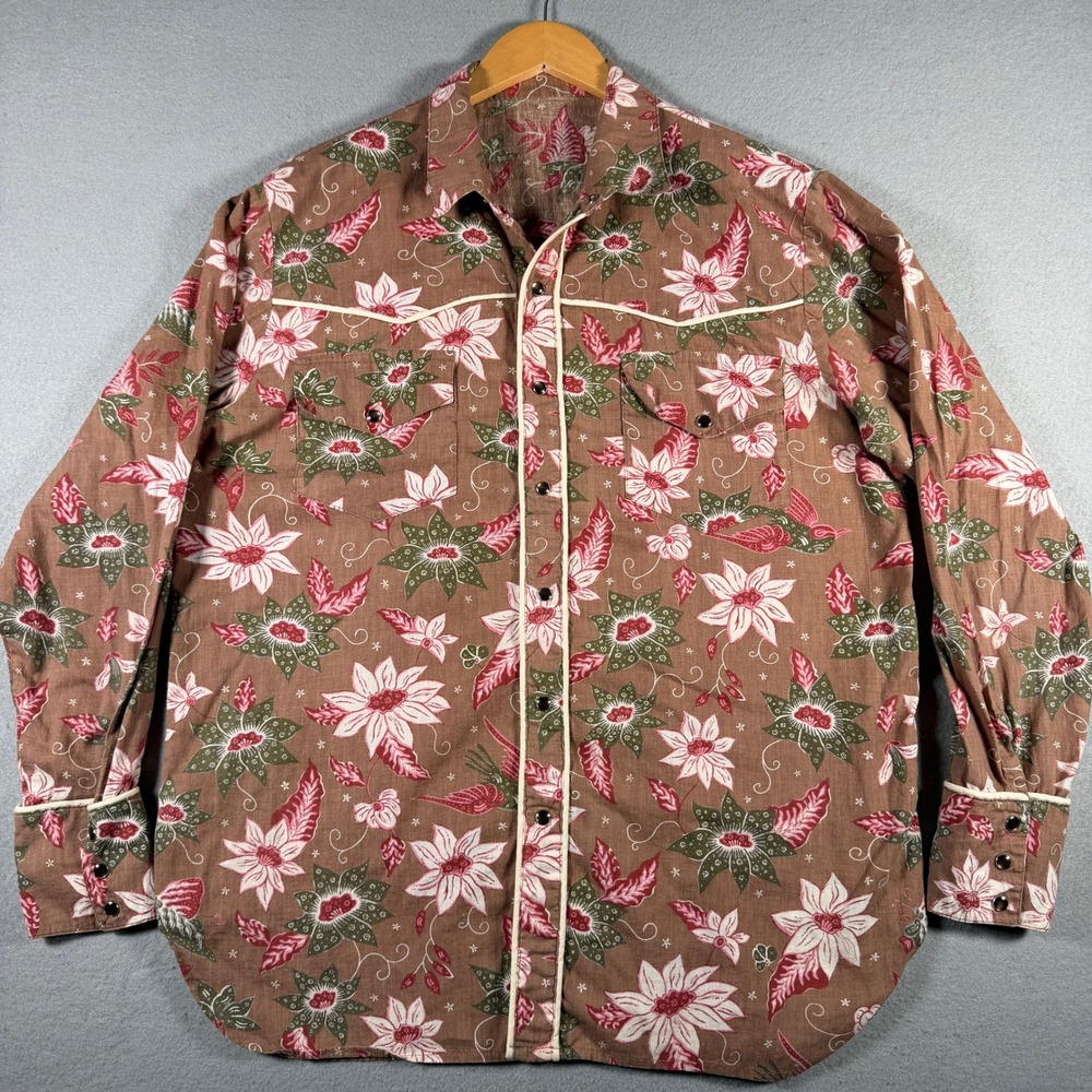 Mens Brown Floral Poinsettia Western Pearl Snap Long Sleeve Shirt Custom